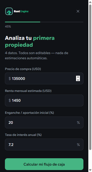 Formulario de análisis de RentEngine con precio, renta, enganche y tasa