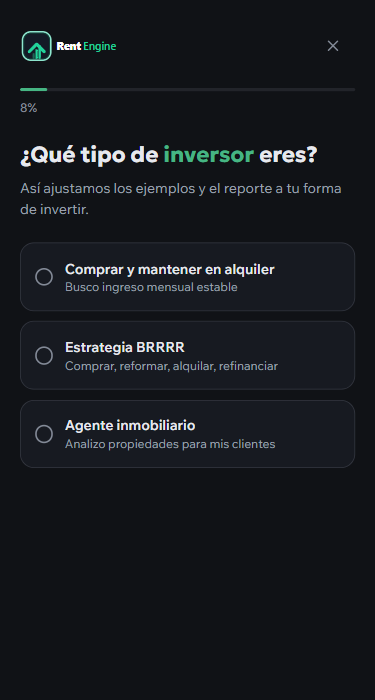 Pantalla de onboarding preguntando el perfil de inversor